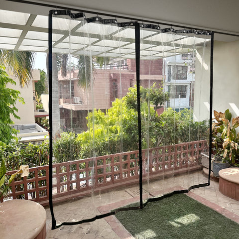 HIPPO Premium Outdoor Transparent PVC Waterproof All Season Curtain With Rust-Proof Eyelet for Balcony, AC, Dust & Wind Protection || (Pack of 2 )