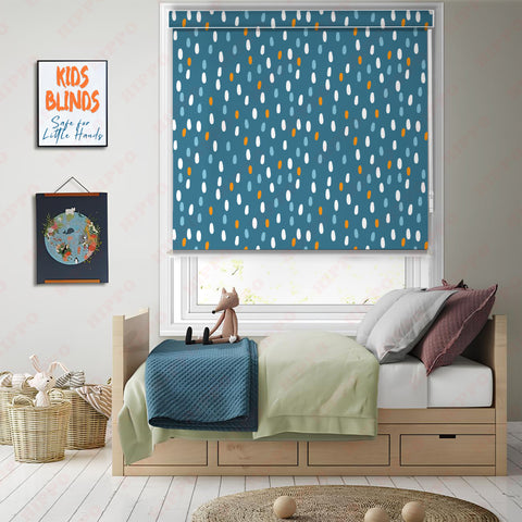 HIPPO Kids Room Blackout Blind with Child Safety Wand Blue Dots Design for Windows Roll Up & Down Blinds for Home