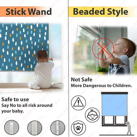 HIPPO Kids Room Blackout Blind with Child Safety Wand Blue Dots Design for Windows Roll Up & Down Blinds for Home