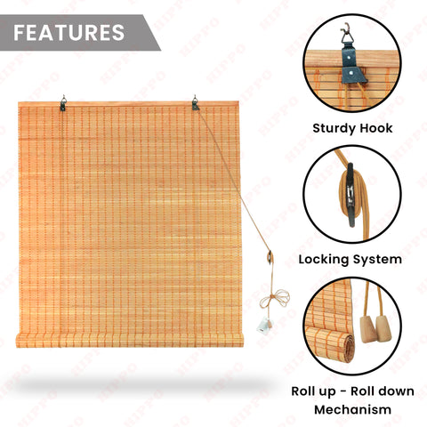 HIPPO Indoor Bamboo Blind for Window Door Sun Protection Rope Mechanism Roll Up Down Bamboo Shade Window for Home & Resturants