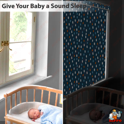 HIPPO Kids Room Blackout Blind with Child Safety Wand Blue Dots Design for Windows Roll Up & Down Blinds for Home