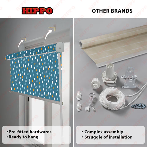 HIPPO Kids Room Blackout Blind with Child Safety Wand Blue Dots Design for Windows Roll Up & Down Blinds for Home
