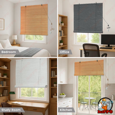 HIPPO Indoor Bamboo Chick Blind for Window Door Sun Protection Rope Mechanism Roll Up Down Bamboo Shade Window for Home & Resturants