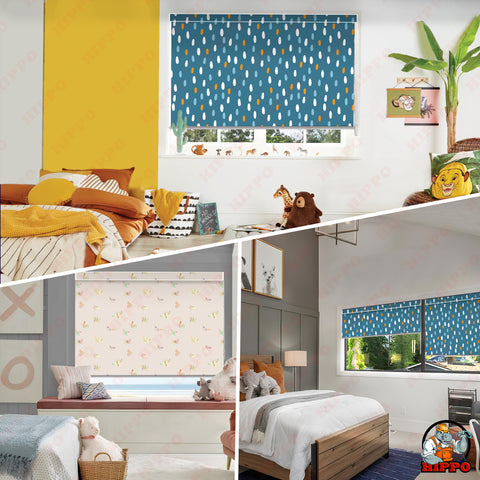 HIPPO Kids Room Blackout Blind with Child Safety Wand Blue Dots Design for Windows Roll Up & Down Blinds for Home