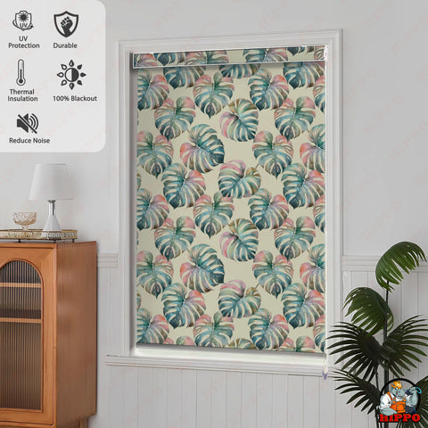 HIPPO Premium Indoor Printed Blackout Blinds (ExoticLeavesPastel )