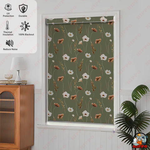 HIPPO Premium Indoor Printed Blackout Blinds (Hey Spring-Olive)