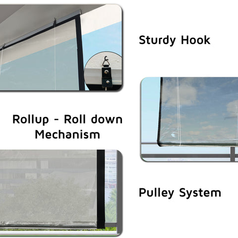 HIPPO Transparent PVC Monsoon Blind for Rain Protection Roll Up Blinds for Balcony, Sun Wind Dust, Premium Waterproof Chick Blind